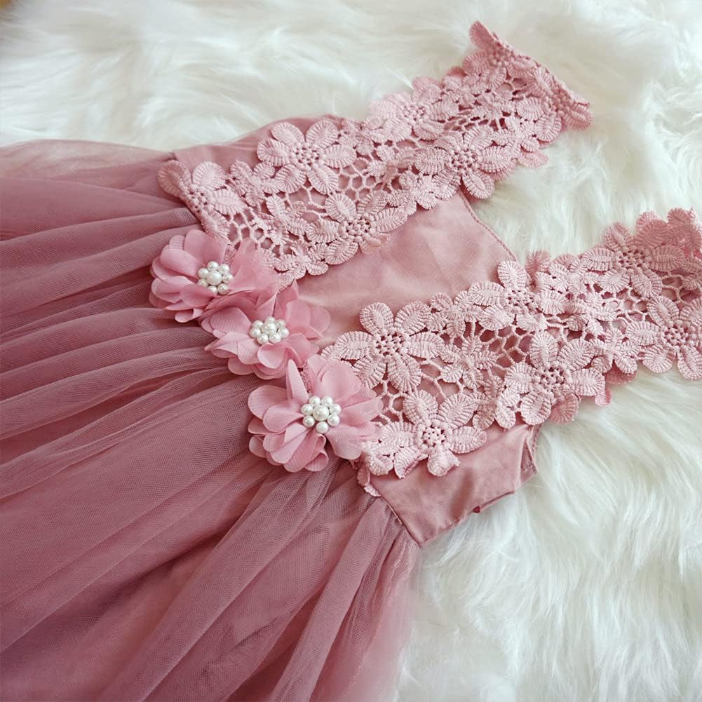 Baby Girl Flower Lace Dress Elegant Princess Toddler Tulle Dress for Wedding Birthday Party.