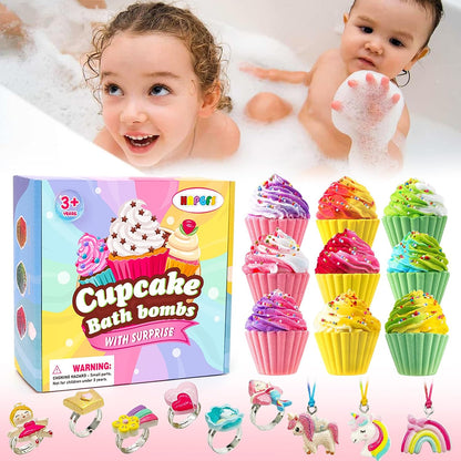 9 Pack Cupcake Bath Bombs for Kids with Surprise Inside, Handmade Bubble Large Bath Fizzes Bomb with Jewelry for Kids Girls, Chrildren Birthday Christmas and Party Favor Gifts Set