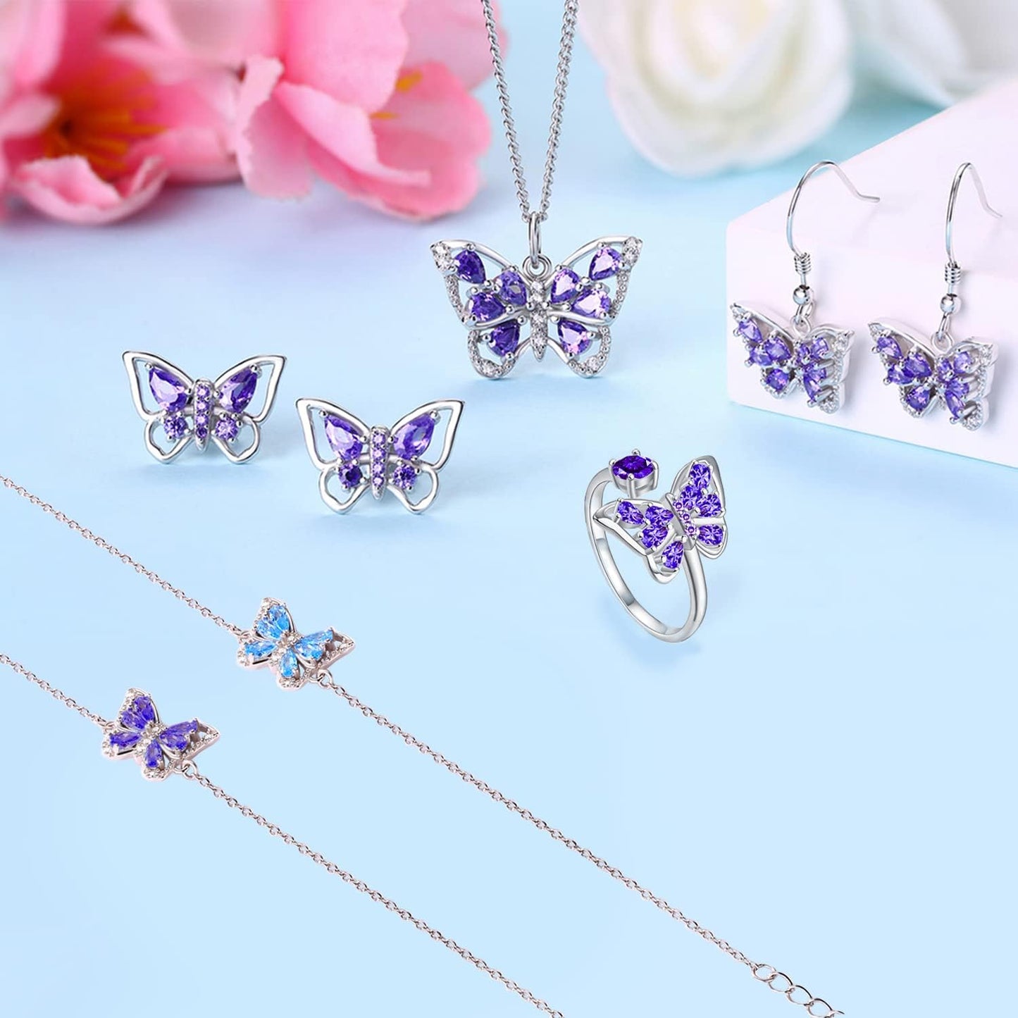 S925 Sterling Silver Butterfly Birthstone Pendant Necklace for Women with Premium Cubic Zirconia Jewelry for Mother'S Day Valentine Birthday Gifts