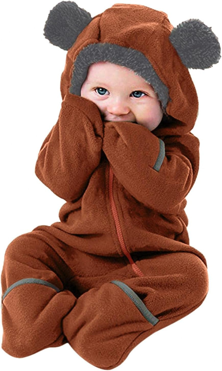 Newborn Baby Boy Girl Footed Hooded Romper Bear Ears Cute Cartoon Fleece Jumpsuit Coat Infant Zipper Bodysuit Winter