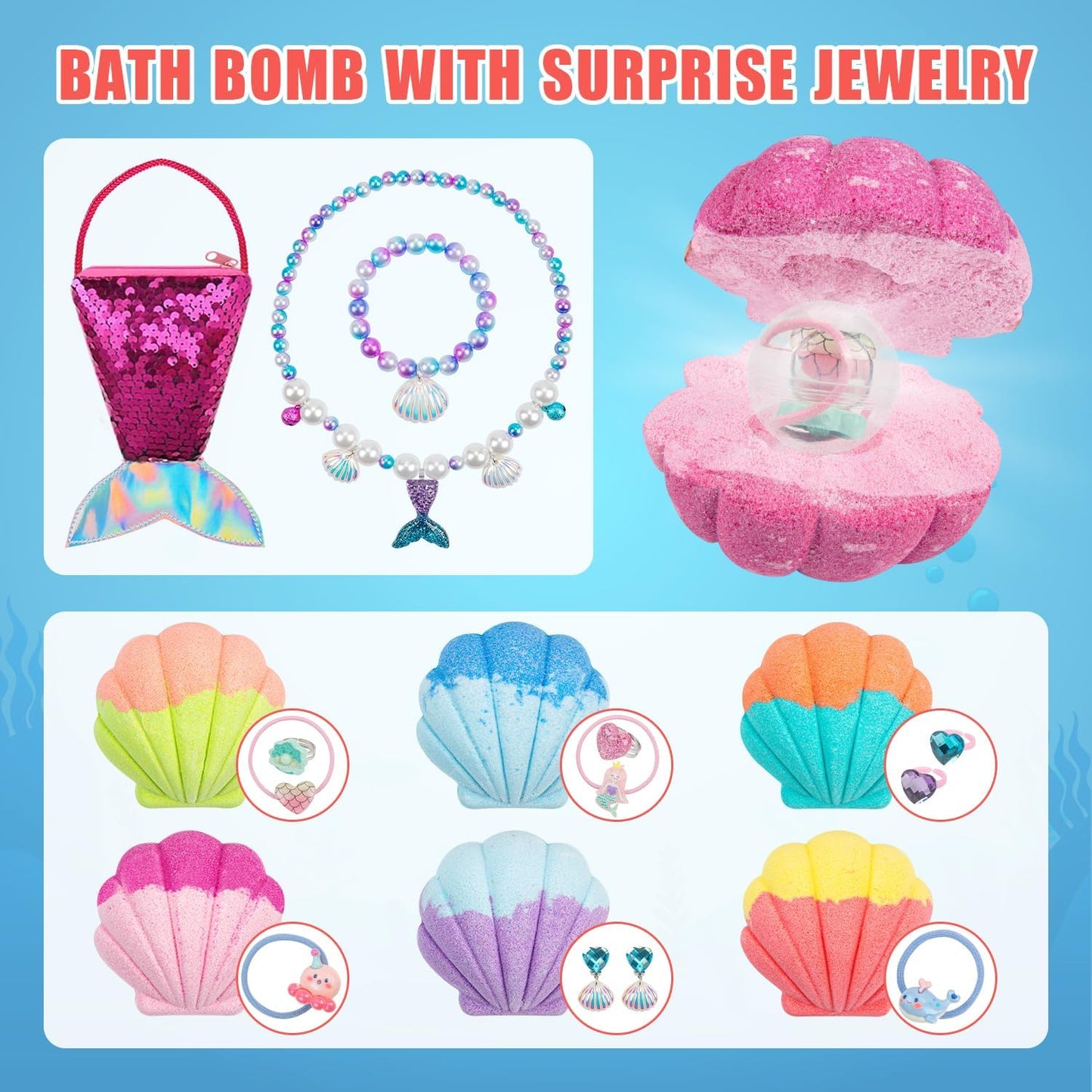 Bath Bombs for Kids Girls, 6 PCS Mermaid Bath Bombs with Surprise inside Natural Organic Kids Bath Bombs Shell Set with Pearl Jewelry Bathbombs Gifts for Girls Birthday Christmas Easter Party Favors