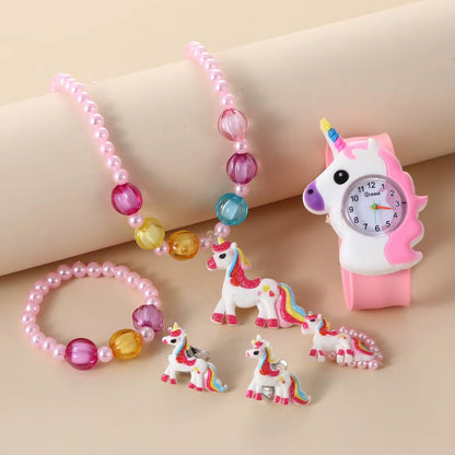 Children Rainbow Horse Patter Watch Jewelry Set Necklace Earrings Ring Bracelet Gifts for Children and Girls