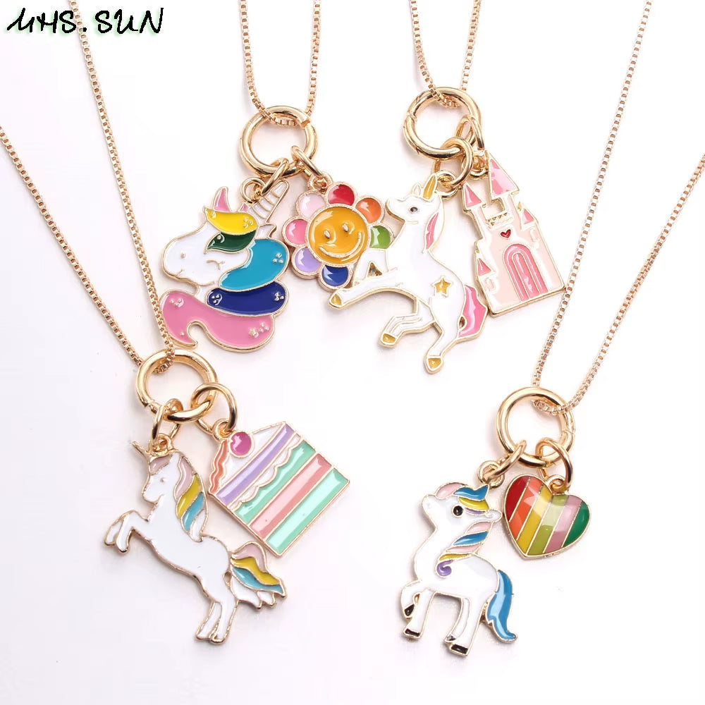 DIY Cute Baby Kids Cartoon Unicorn Pendant Necklace Fashion Girls Charms Chain Necklace Children Jewelry for Party Gift