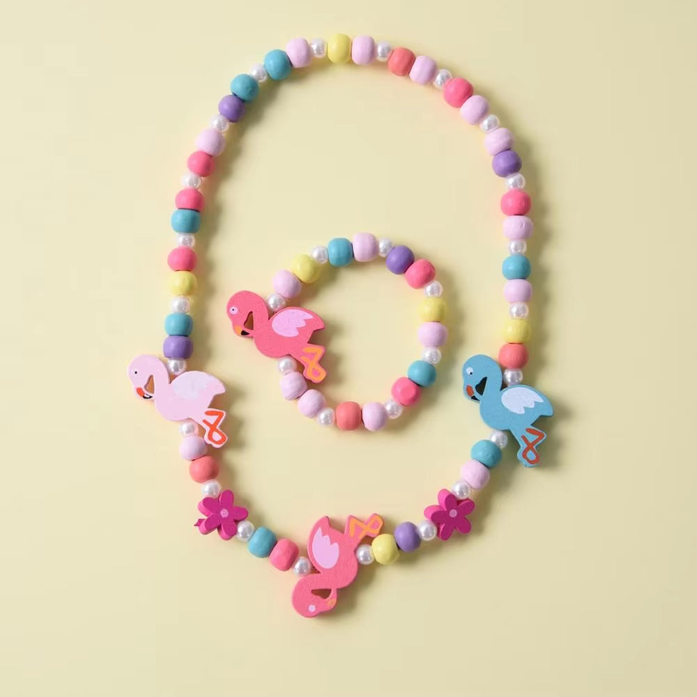 2Pcs/Set Fashion Natural Wood Beads Jewelry Cute Animal Pattern Necklace Bracelet for Party Jewelry Girl Birthday Gift