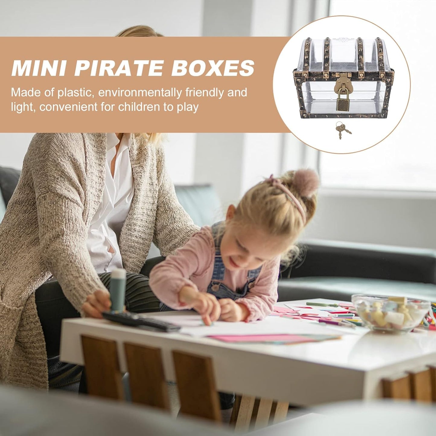 Pirate Treasure Case with Lock Transparent Pirate Jewelry Chest Gemstone Crystal Storage Box Rhinestone Container Toys for Children Girl