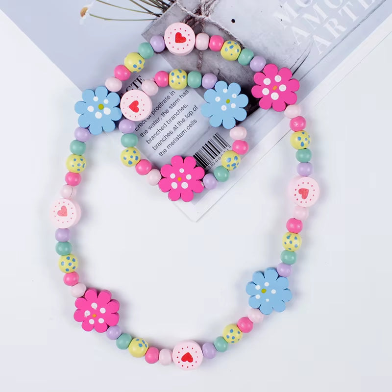 New Cute Cartoon Wooden Flower Animal Child Sweater Necklace Bracelet Girls Gifts Children Jewelry for Party Birthday Gifts