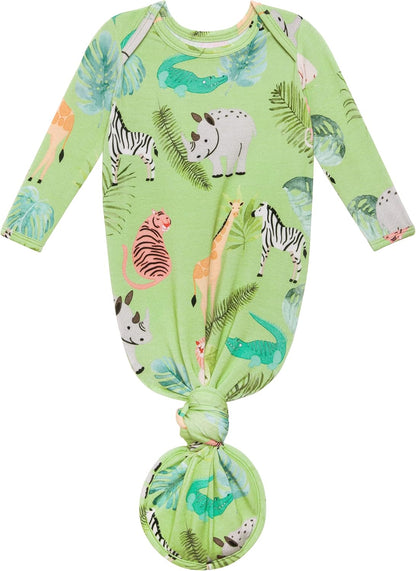 Newborn Knotted Baby Gowns 0-3 Months - Easy-Tie Hospital Outfit Viscose from Bamboo Sleepers for Baby Boy & Girl, Safari Animals