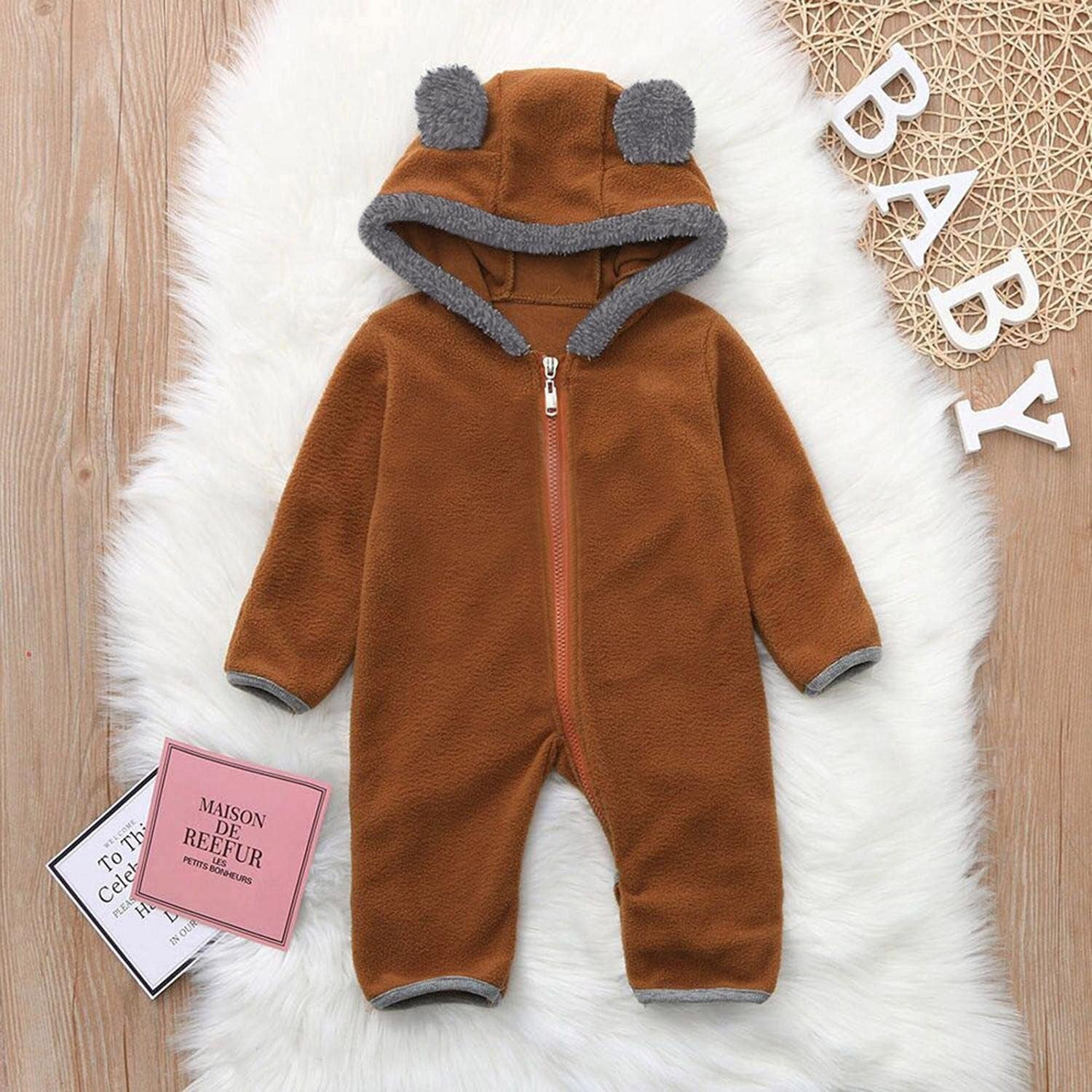 Newborn Baby Boy Girl Footed Hooded Romper Bear Ears Cute Cartoon Fleece Jumpsuit Coat Infant Zipper Bodysuit Winter