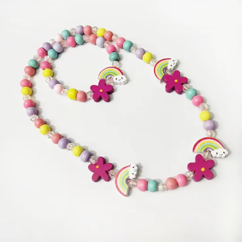 2Pcs/Set Fashion Natural Wood Beads Jewelry Cute Animal Pattern Necklace Bracelet for Party Jewelry Girl Birthday Gift