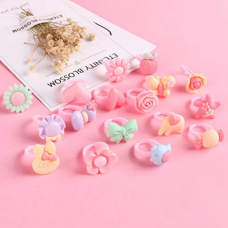 12Pcs Ring for Children Jewelry Fashion Colored Multicolor Ring Cute Girls Gifts Lovely Fruit Scrub Animal Princess Suit Kinds