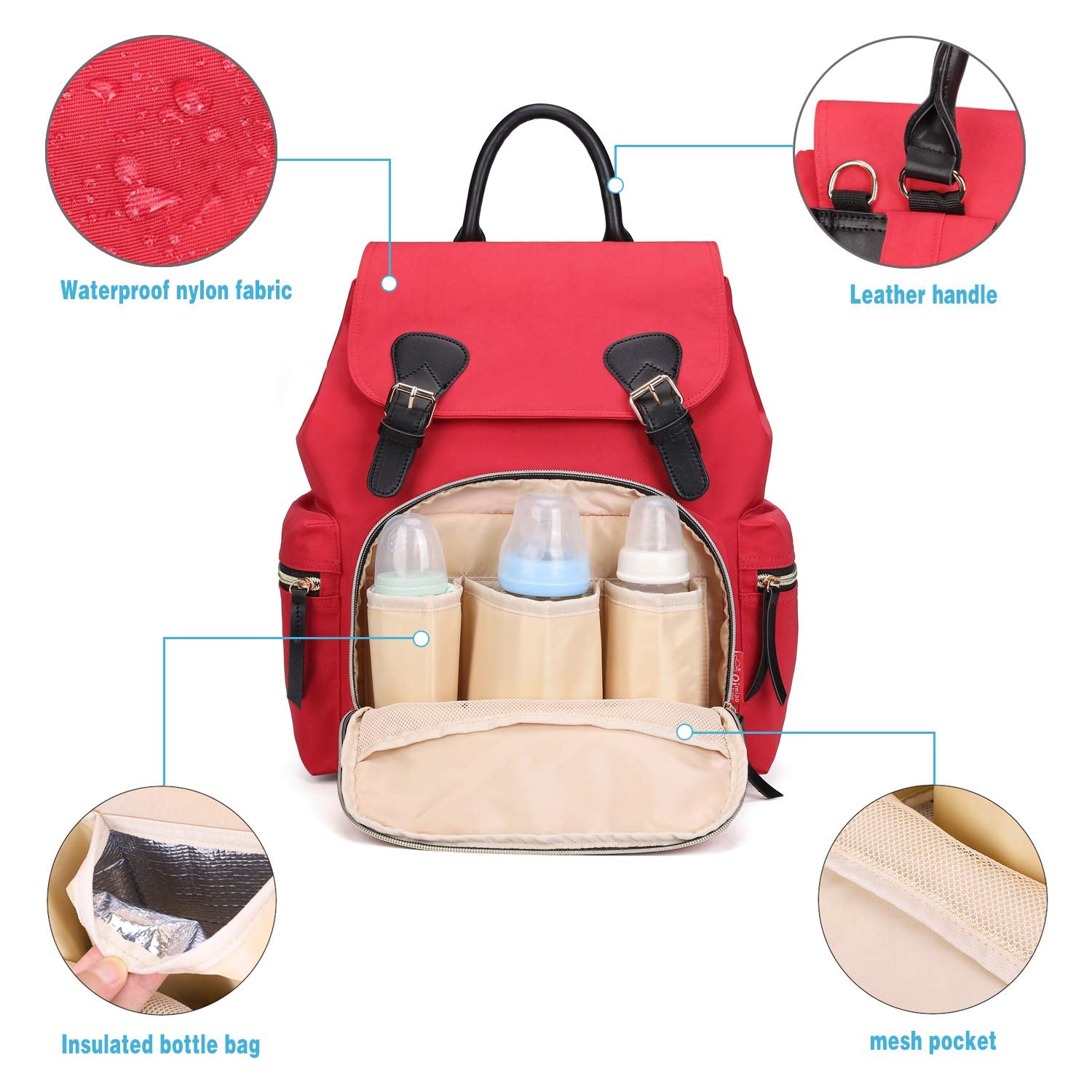 Diaper Backpack, Waterproof Nylon Baby Nappy Storage Bag (Red)