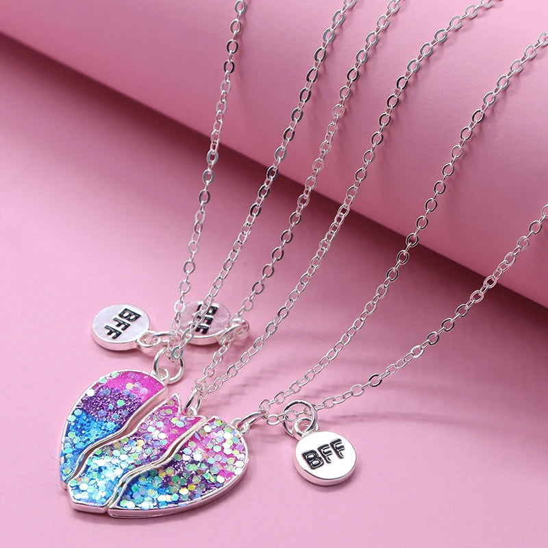 3Pcs/Set Peach Broken Heart Pendant for Girls 3 Bestie Friendship BFF Necklaces Best Friend Jewelry Gifts