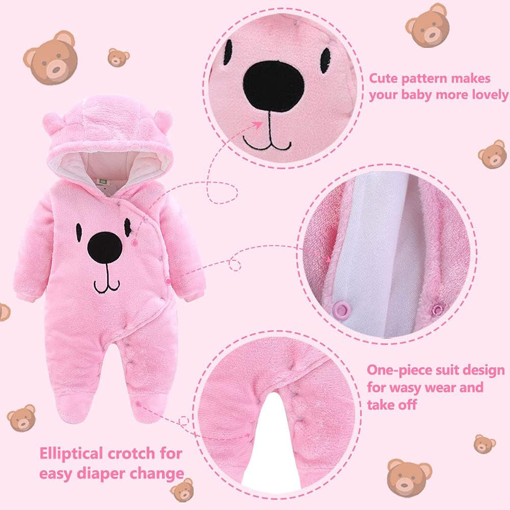 Baby Newborn Snowsuit Winter Hooded Footie Fleece Jumpsuit for Infant Girls Boys