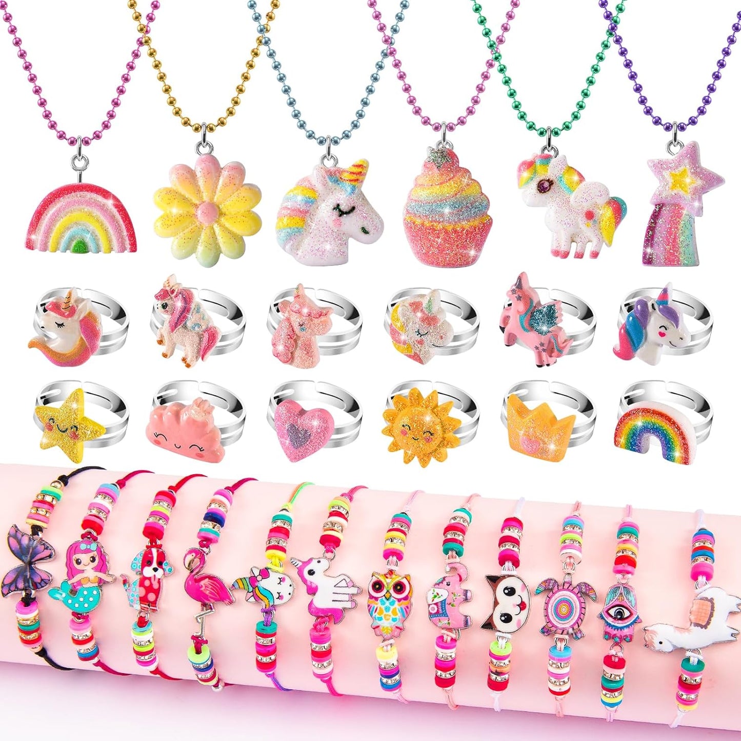 Kids Jewelry for Little Girls, Unicorn Play Necklaces Rings Bracelets Set for To