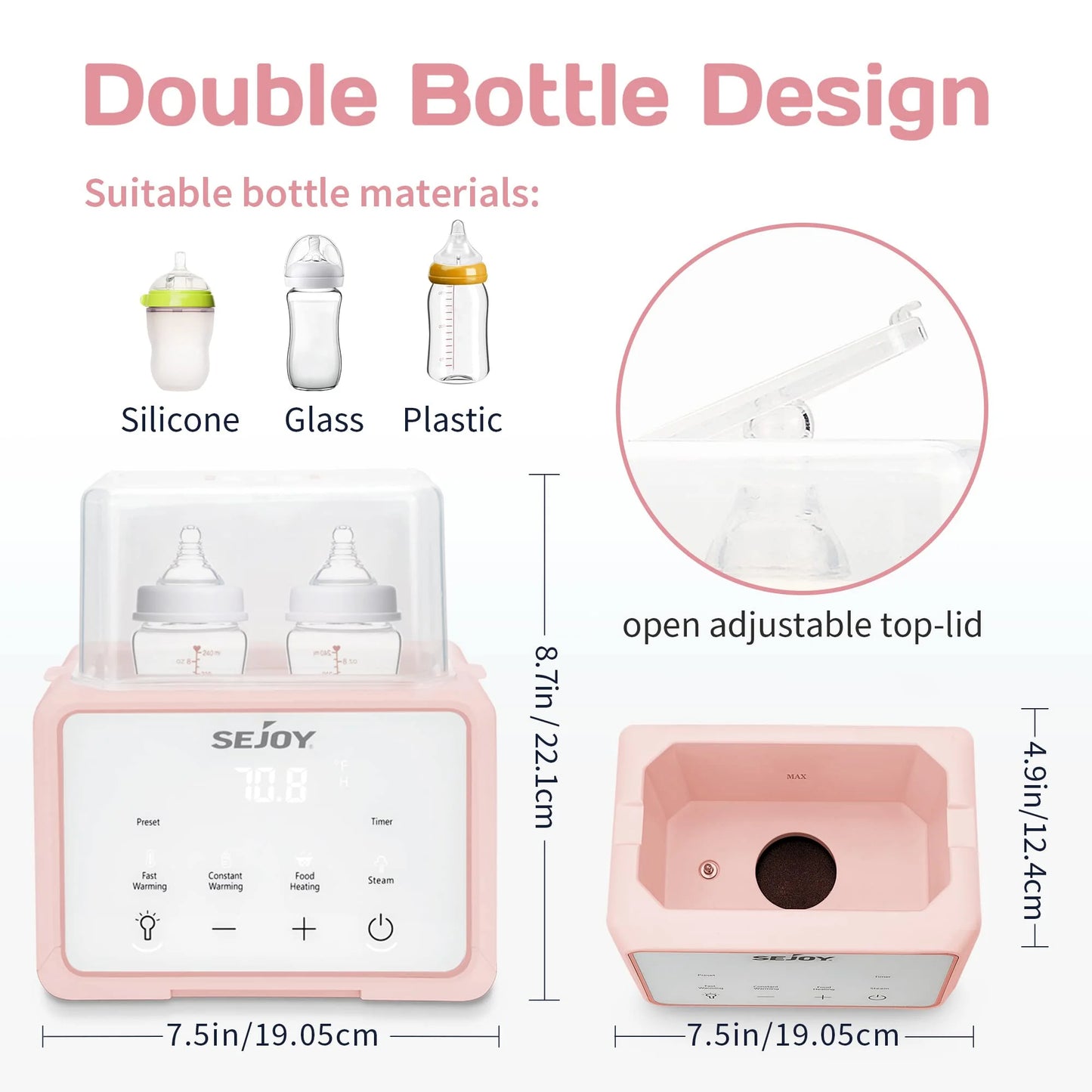 Baby Bottle Warmer, Fast Baby Food Heater for Breast Milk and Formula, Steam Sterilizer, Pink