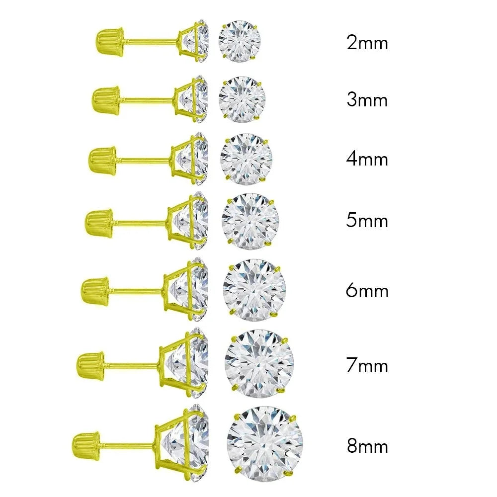 14K Solid Gold round Stud Earrings Screwback Cubic Zirconia CZ