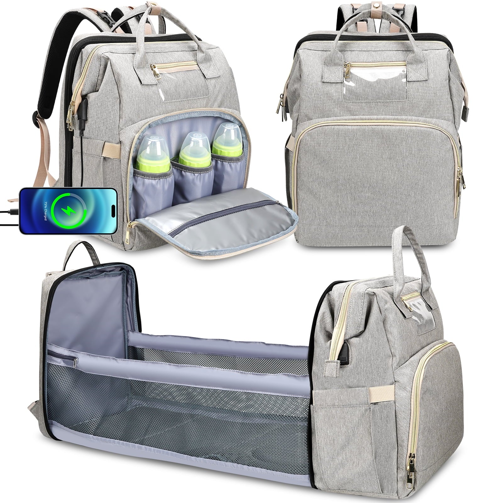 Diaper Bag Backpack,Multi-Functional Diaper Bag with Changing Station,Usb Charging Port,Grey Color