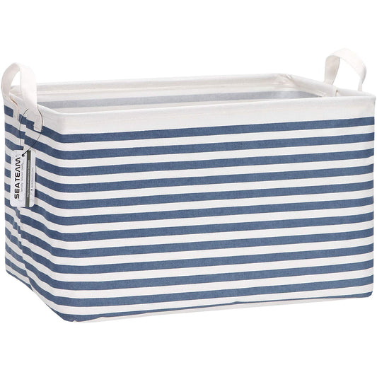 Collapsible Canvas Fabric Storage Basket with Handles, Rectangle Waterproof Storage Bin, Box, Cube, Foldable Shelf Basket, Closet Organizer, 16.5 X 11.8 X 9.8 Inches, Navy Stripe