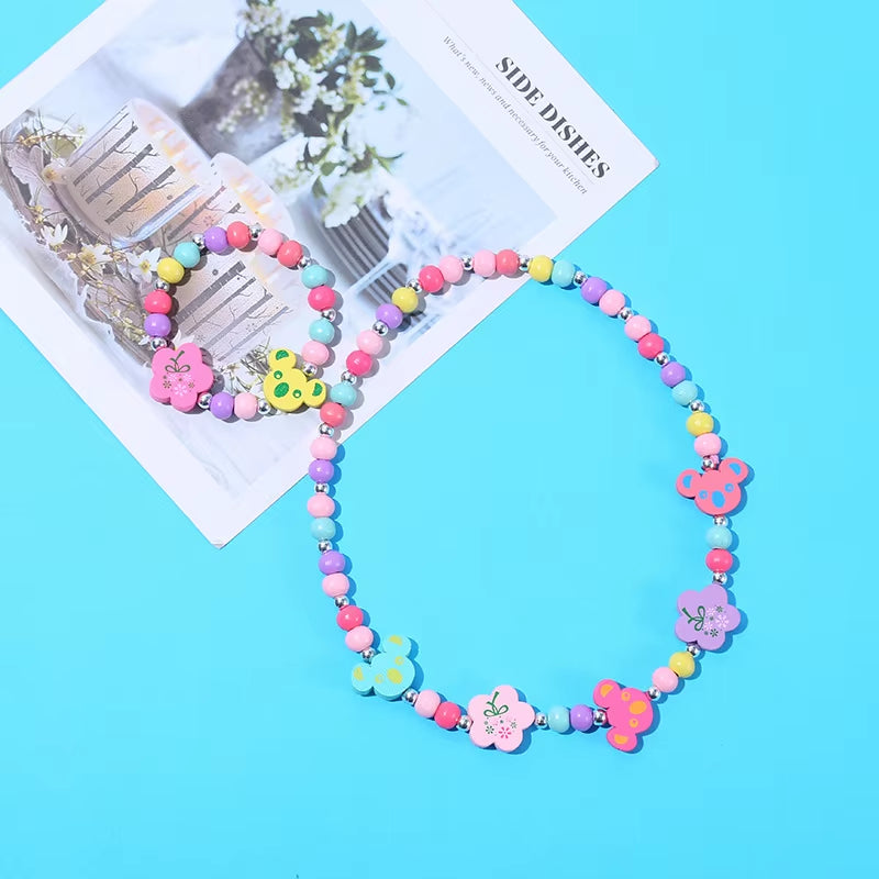 2Pcs/Set Fashion Natural Wood Beads Jewelry Cute Animal Pattern Necklace Bracelet for Party Jewelry Girl Birthday Gift