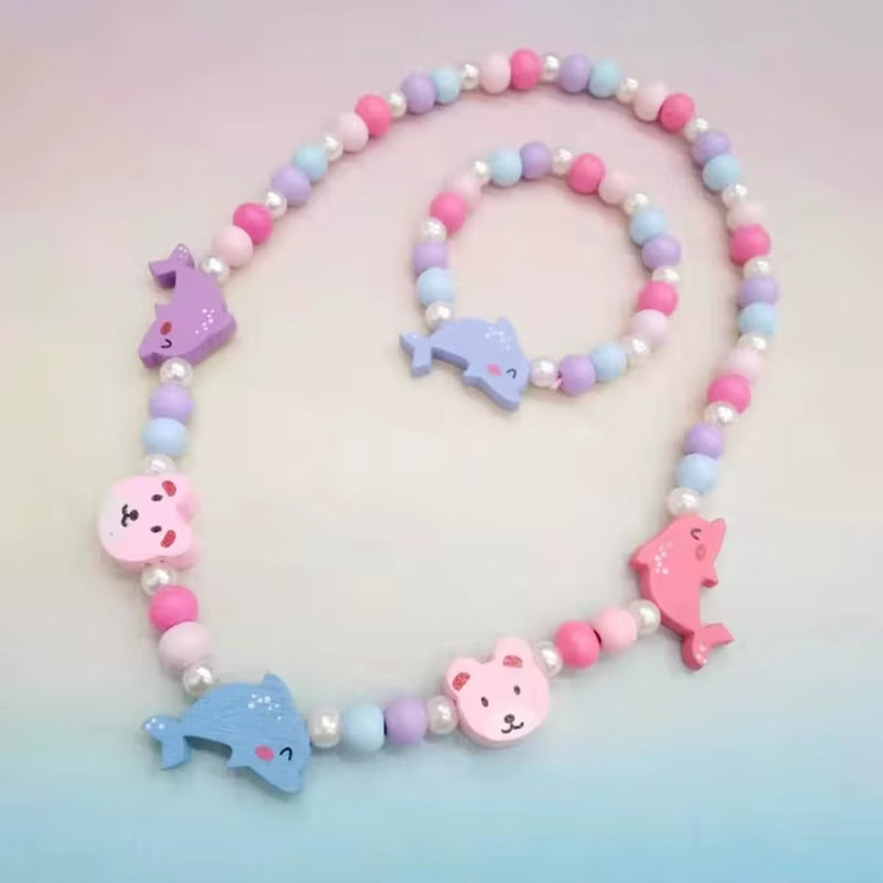 2Pcs/Set Fashion Natural Wood Beads Jewelry Cute Animal Pattern Necklace Bracelet for Party Jewelry Girl Birthday Gift