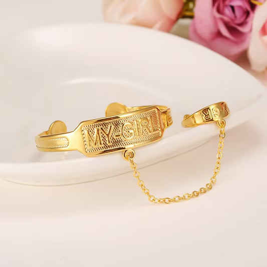 Dubai Gold Stamp Baby SMALL Girl Bangle Child Bracelet with Ring for Kids African Children Bairn Jewelry Baby Mideast Arab Gift